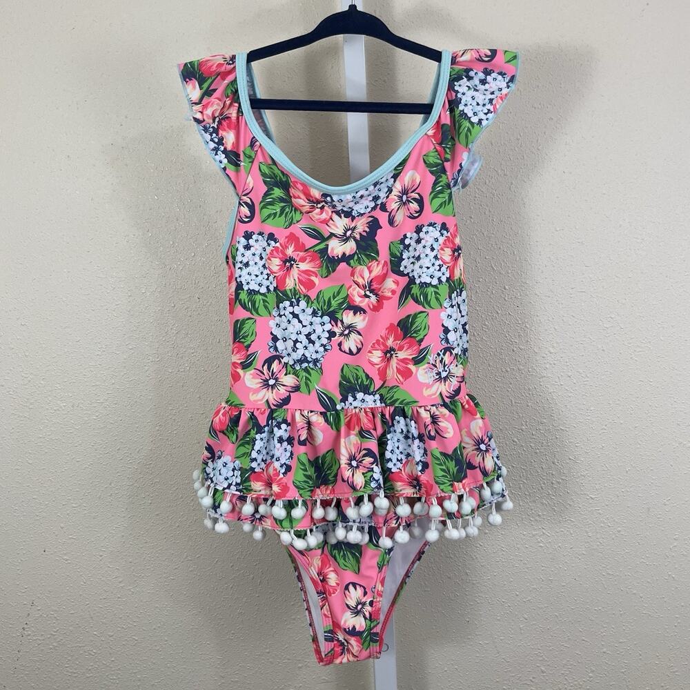 Betsey Johnson One Piece Swimsuit Girls 12 Pink Floral Ruffle Pom Pom Trim